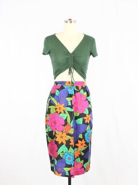 Vintage 90's REGINA PORTER Vibrant Floral Print Silk Pencil Skirt, Size M